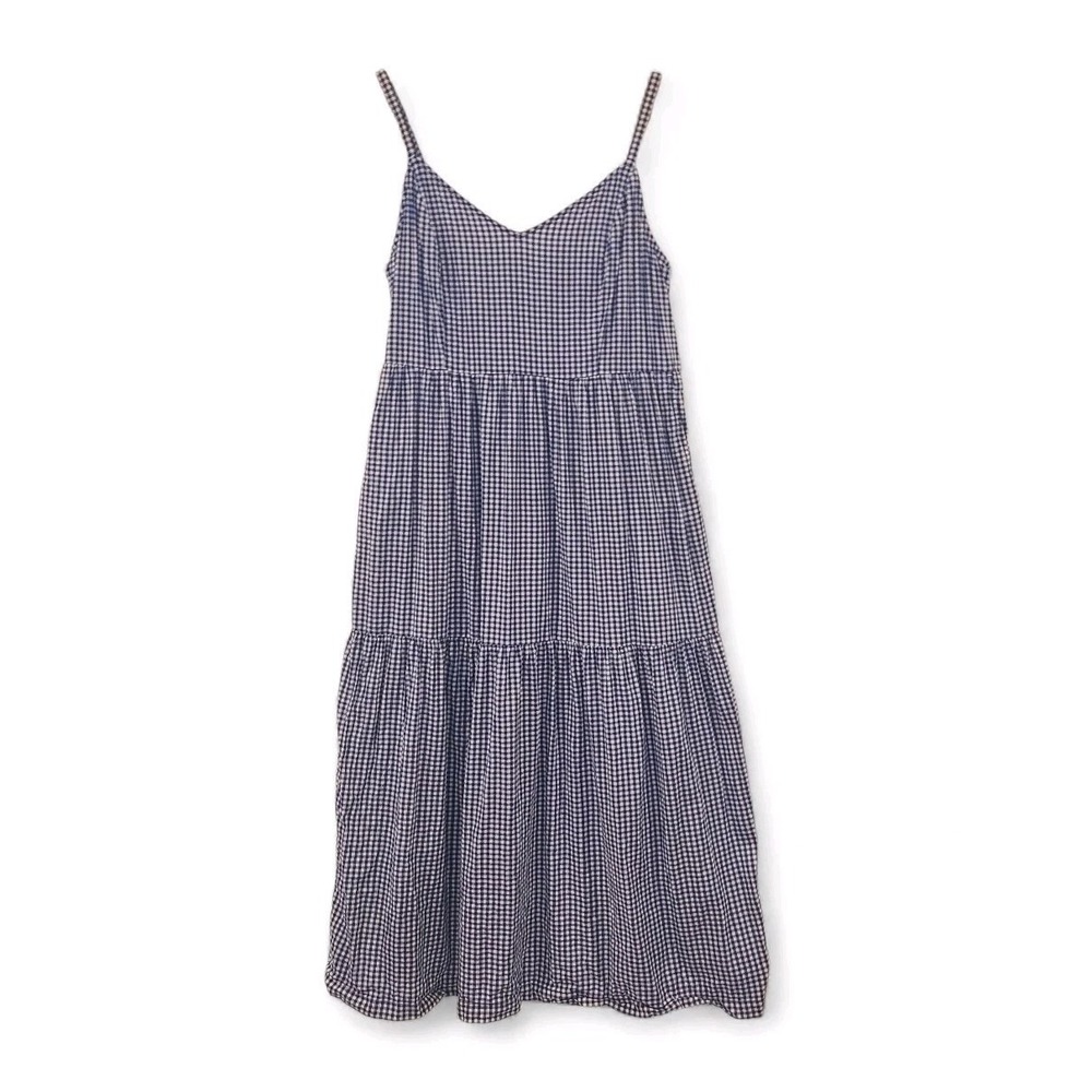 Old Navy Blue White Gingham Midi Dress Womens Medium Cotton Rayon Tiered Strappy - Picture 3 of 6
